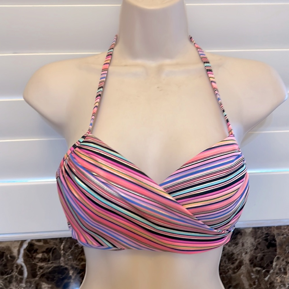 Victoria’s Secret-Wrap Front-Underwire Bikini Top w/Metallic Gold Stripes-Sz 34C